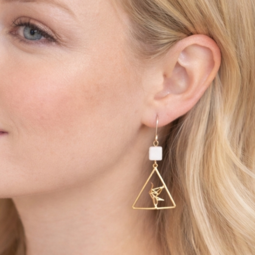 Handmade Gold Triangle Japanese Origami Crane Peaceful Zen Earrings